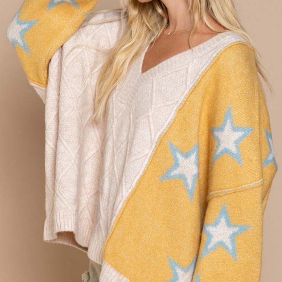 NEW POL Dandelion Blue Star Diamond Knit Color Block V Neck Oversized Sweater - Picture 9 of 11